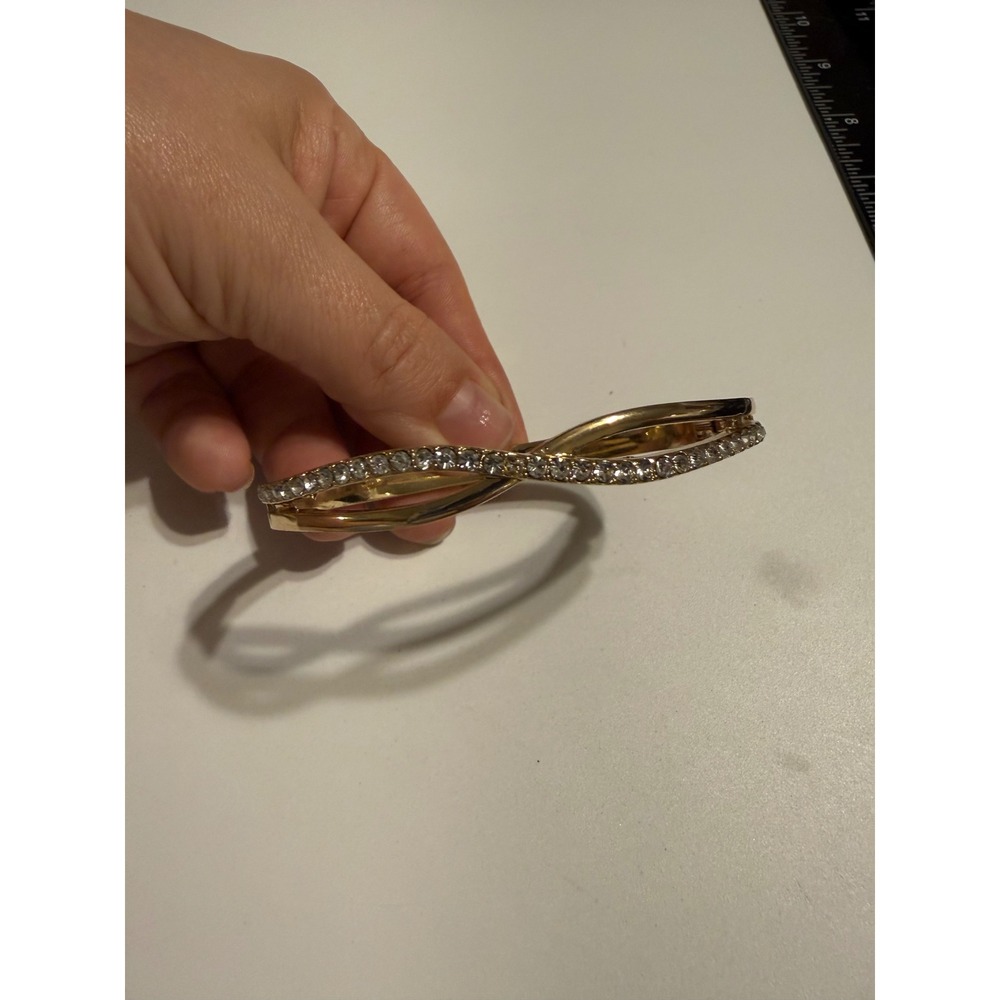 Anne Klein Gold Tone Pave Crystal Crossover Infinity Hinged Bangle Bracelet
